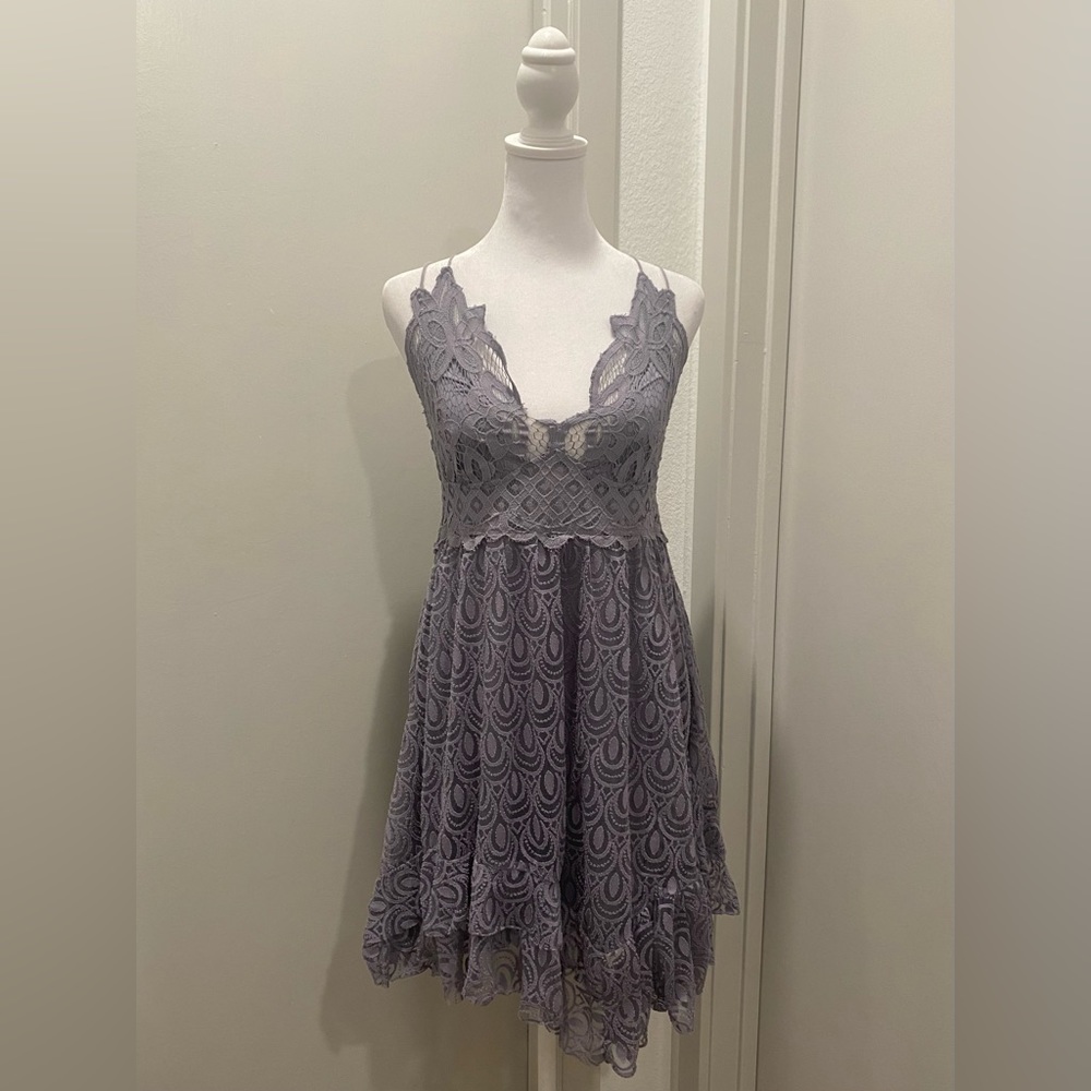 Free People FP One Boho Purple Lace Adella Slip Dress With Two Tier Ruffle Skirt